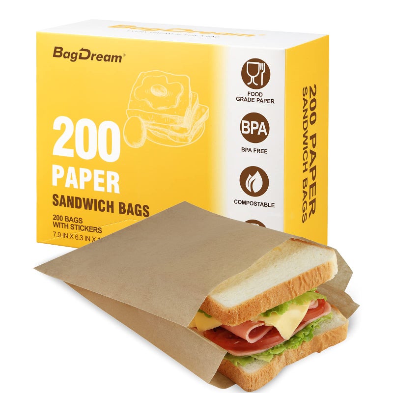 BagDream Paper Sandwich Bags 79x63x196 200ct Recyclable Kitchens Paper Sack Sandwich Bags Sealable with Thank You Stickers Unbleached Natural Kraft Paper Bags